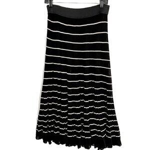 Pleated Knit Midi Skirt Black White Stripe Cotton Blend Size M Elastic Waist